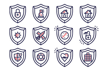 Poster - Collection of stylized shield emblems and security symbols offering robust protection and safety concepts in a clean modern graphic presentation