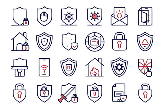 Collection of minimal thin line art symbols representing security protection and web interface elements rendered in a clean modern aesthetic with distinct color accents