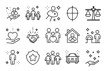 Poster - Comprehensive collection of clean modern line art symbols representing social policies and community engagement for digital platforms and user interfaces