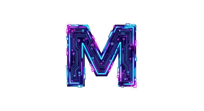 Vector letter m circuit board design digital art technology futuristic alphabet typography electronic neon glow