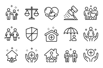 Fototapete - Comprehensive collection of clean modern line style symbols representing various aspects of social policy and community welfare for digital platforms and presentations