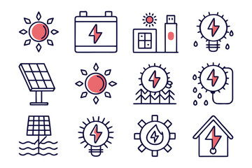 Fototapete - Collection of sleek minimalist line graphics representing renewable energy sources and sustainable power solutions for modern design projects