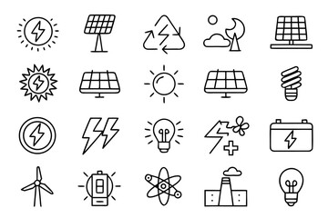 Poster - Minimalist line art collection representing clean renewable energy sources and sustainable power generation technologies for environmental projects