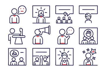 Fototapete - Collection of communication and interaction symbols presented in a clean modern outline style suitable for digital interfaces and presentations