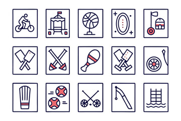 Leinwandbilder - A comprehensive collection of minimalist line graphics representing various athletic activities and sports equipment rendered in a clean modern style with essential color accents