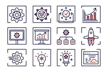 Fototapete - Comprehensive collection of clean line art symbols for modern web development and startup business concepts featuring essential icons for digital platforms and technology