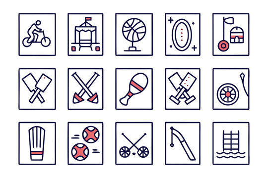 A comprehensive collection of minimalist line graphics representing various athletic activities and sports equipment rendered in a clean modern style with essential color accents