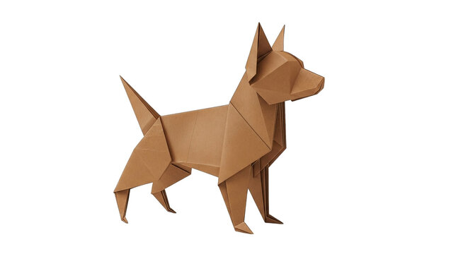 A stylized origami sculpture of a dog, rendered in cardboard texture, conveying a handmade aesthetic