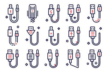Poster - A collection of essential connection symbols representing various types of data transfer and charging accessories perfect for digital interfaces and tech related content