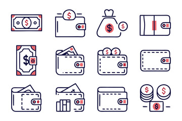 Poster - Comprehensive collection of clean modern line style icons representing various financial and transactional elements for digital interfaces and applications