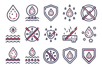 Poster - Comprehensive collection of waterproof and water related graphical elements featuring essential symbols for various applications and designs presented in a cohesive set