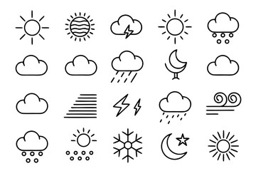 Poster - Comprehensive collection of editable meteorology and weather forecasting symbols featuring clean outlines for atmospheric phenomena climate and scientific study applications