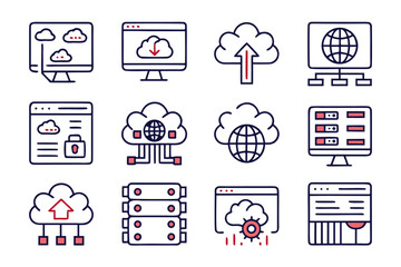 Fototapete - Comprehensive collection of clean line art symbols representing essential web hosting services and digital infrastructure perfect for online platforms and technical documentation