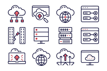 Fototapete - Comprehensive collection of clean modern line style graphical elements representing various aspects of web hosting services and digital infrastructure