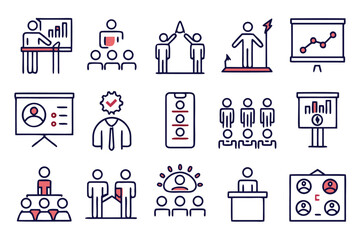 Poster - Comprehensive collection of business themed line graphics illustrating team collaboration strategy and professional development activities for corporate environments