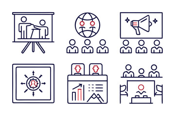 Poster - Comprehensive collection of clean modern line art symbols representing business collaboration team development and group activities ideal for professional presentations and corporate branding