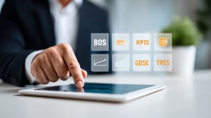 Poster - Digital touch to Stock market: A business professional's focused touch on a tablet, showcasing dynamic financial data and market trends.