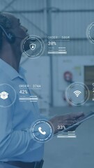 Poster - Warehouse worker using tablet, logistics data processing animation over warehouse background