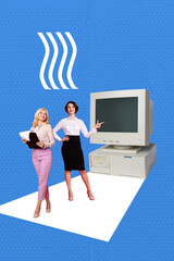 Aufkleber - Trend artwork composite 3D photo collage design of obsolete computer monitor two young lady stand business marketing office manager