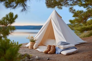 Wall Mural - Rustic camping scene with tent by lake in scenic nature setting