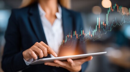 Poster - Financial Analyst Analyzing Market Trends: A focused financial analyst meticulously studies market trends on a digital tablet.