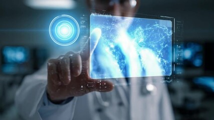 Poster - Digital Healthcare: A doctor in a white coat interacting with a futuristic, glowing digital display, representing cutting-edge medical technology.