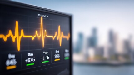 Poster - Stock Market Vital Signs: An illuminated display showcases the real-time ebb and flow of the financial market's health, with a vibrant, pulsing heartbeat graphic amidst a cityscape.