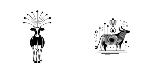 Poster - Vector art of two stylized cow silhouettes featuring unique designs and patterns in a minimalist style