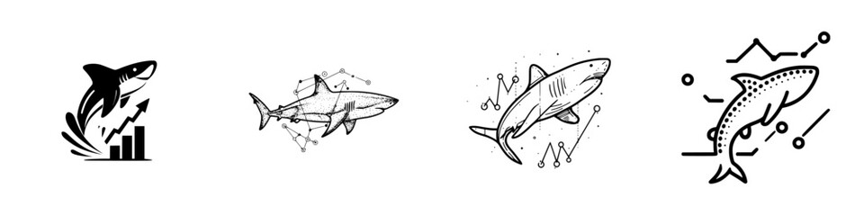 Poster - Collection of silhouette pictograms depicting sharks in various stylized forms representing growth and data visualization