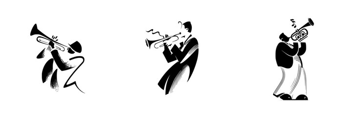 Poster - Vibrant silhouette pictograms of musicians playing brass instruments against a clean background
