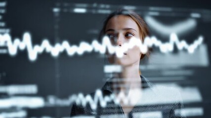 Poster - Data Analyst: A focused data analyst immersed in her work, studying the intricate waveforms on a digital display, showcasing modern analytical processes and innovative insights.