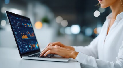 Poster - Data Analysis in Action: A dedicated analyst meticulously navigates complex data visualizations on a sleek laptop, immersed in the intricacies of information processing and analysis.
