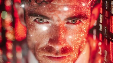 Poster - Mystical Gaze: An intense portrait, the subject's face glows with embedded technology details. The gaze suggests intellect and the interconnectedness of data. 