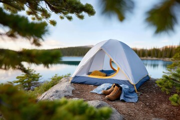 Wall Mural - Scenic lakeside camping with tent and hiking gear in nature landscape