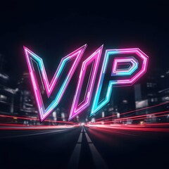 Fototapete - Neon 'VIP' text sign on dark street background with motion blur light trails. Exclusive night club event or party concept.