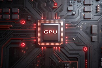 Fototapete - Close up of a modern gpu chip with glowing red lights on a computer motherboard