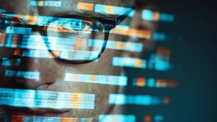 Poster - Code Aligned Gaze: A close-up view of a tech-savvy individual peering through eyeglasses, their eyes illuminated by a dynamic display of digital code that reflects on their face.