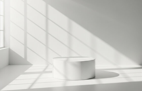 White podium and room with shadow from the light from the window, 3d rendering. Minimalist studio setting with soft white shadows, ideal for elegant product display.