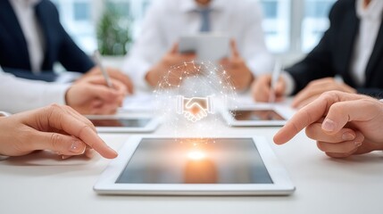 Poster - Digital Transformation: A team of professionals huddled around a tablet, fingers poised, gazing upon a digital cloud emerging above the screen, symbolizing progress and modern advancements. 