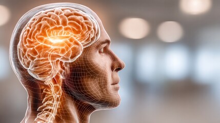 Poster - Mind's Glimpse: A sophisticated, semi-transparent rendering unveils the inner workings of the brain and spine, presented in a photorealistic manner with advanced detail