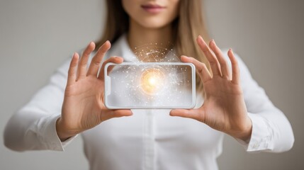 Poster - Tech Innovation in Hand: A person holding a futuristic phone, illuminating a technological concept with a touch of digital artistry. It showcases modern technology with creativity and imagination. 
