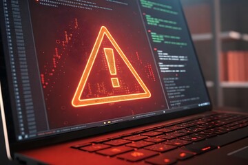 computer screen displays a glowing red warning triangle with an exclamation mark and code