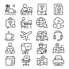 Poster - A collection of essential icons related to modern lifestyle and work-from-anywhere flexibility, featuring various scenarios of people connecting and working using technology.