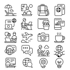 Poster - A collection of simple icons representing the themes of remote work, business, travel, and technology, ideal for web design and applications.