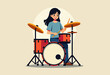 © Li - Showcase the engaging depiction of a cheerful young drummer girl playing her drum set with passion, a fun and energetic illustration perfect for inspiring music enthusiasts or adding a lively musical
