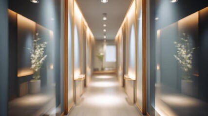 Poster - Elegant Corridor: A long, elegant corridor stretches into the distance, bathed in the soft glow of overhead lighting. Clean lines and minimalist design create a sense of calm and sophistication.