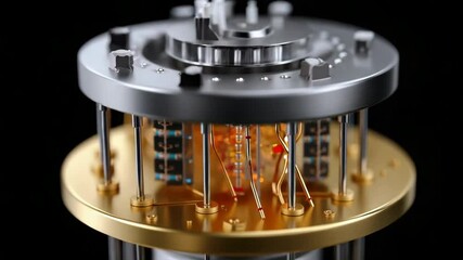 Poster - A close up of a machine with a gold base and a black background. The machine is made of metal and has a lot of wires