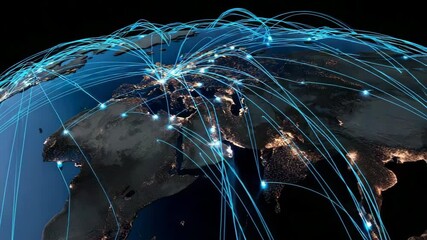 Fototapete - A globe with many lines and dots on it. The globe is lit up with a blue and white color scheme