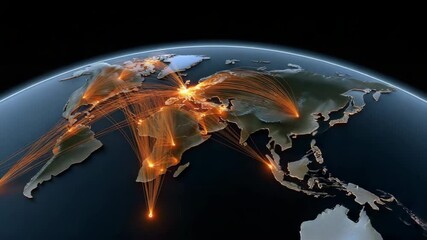 Poster - a globe with many lights on it, representing the world's airports. the globe is lit up in a dark bac