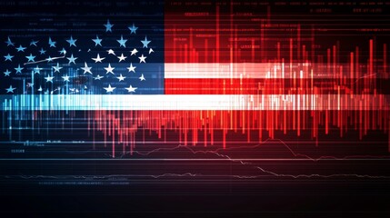 Poster - United States Flag Overlaid with Financial Graphs Representing American Currency Market Performance